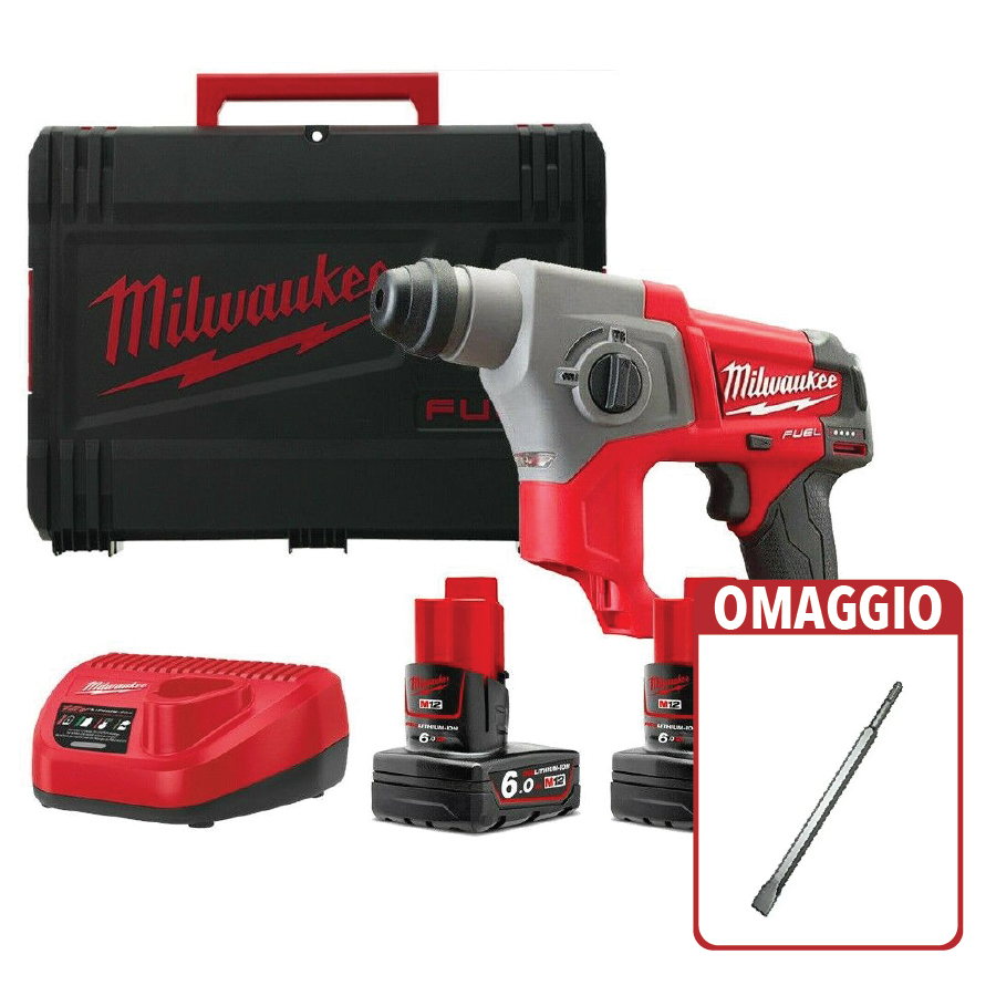Milwaukee M12CH-602X TASSELLATORE SDS-PLUS FUEL 12V 2 BATT. 6.0Ah + OMAGGIO!