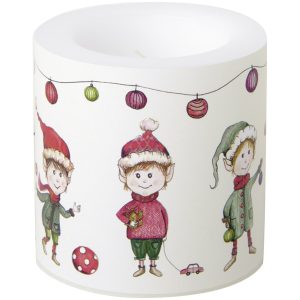 Candela di Natale tonda “Elves at Work” – Ø7,5×7,5